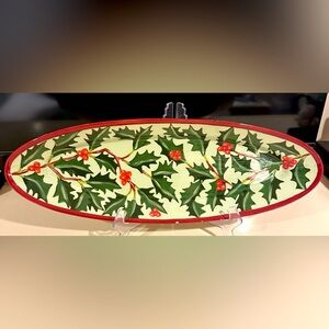 NEW Gorgeous Droll Designs Christmas Holly Berry Long Platter Tray Handpainted